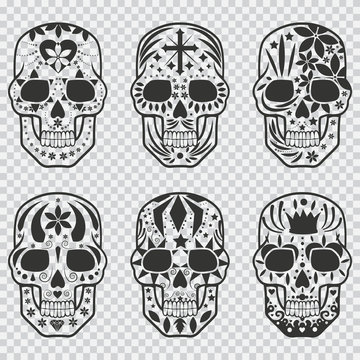 Mexican sugar skull vector black silhouette set. Design elements for holiday Day of the Dead, Halloween, party and tattoo isolated on transparent background.