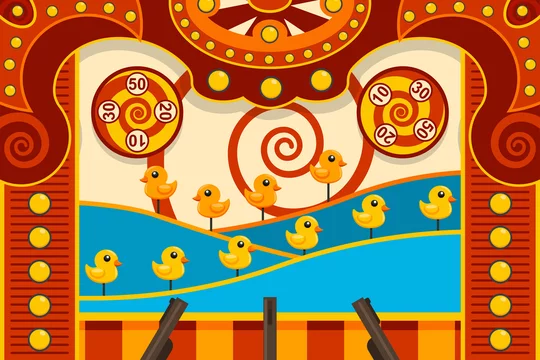 Carnival shooting arcade game with duck and gun. Vector cartoon