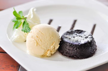 chocolate cake or chocolate lava cake with ice cream