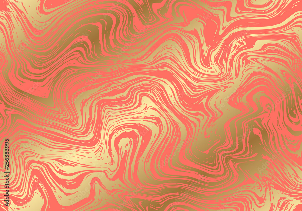 Poster vector seamless marble pattern. coral and golden colors texture for your design.
