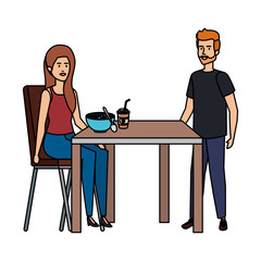 young couple eating in table characters