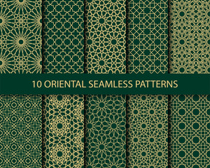 Vector set of 10 ornamental seamless patterns in green and golden colors. Collection of luxury patterns in the oriental style. Patterns added to the swatch panel.