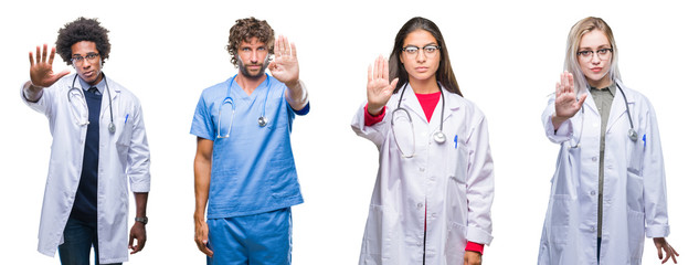 Collage of group of doctor, nurse, surgeon people over isolated background doing stop sing with...