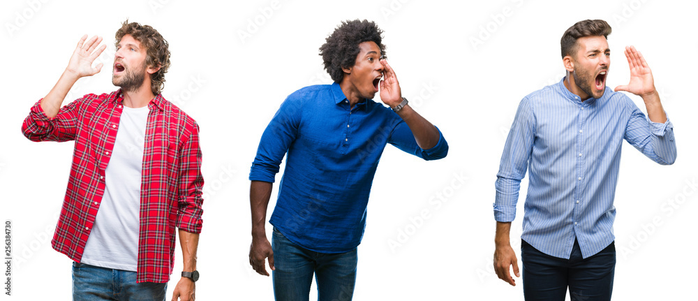 Canvas Prints Collage of group of african american and hispanic men over isolated background shouting and screaming loud to side with hand on mouth. Communication concept.