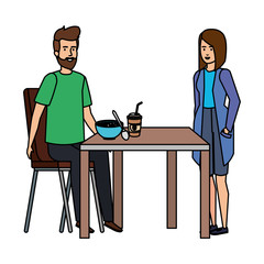 young couple eating in table characters