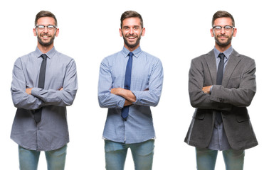 Collage of young business hispanic man over isolated background happy face smiling with crossed arms looking at the camera. Positive person.