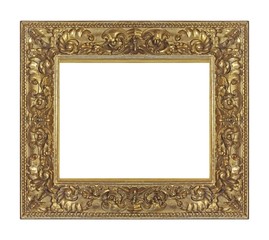 Golden frame for paintings, mirrors or photo isolated on white background	