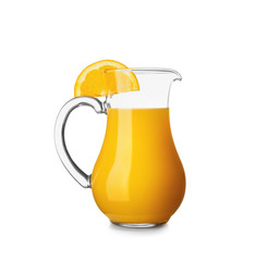 Jug of tasty orange juice on white background