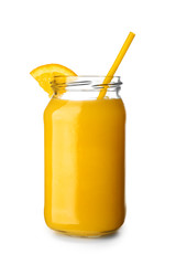 Jar of tasty orange juice on white background