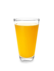 Glass of tasty orange juice on white background
