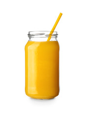 Jar of tasty orange juice on white background