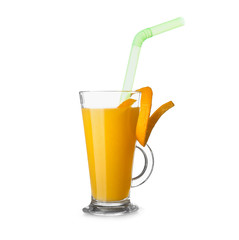 Glass of tasty orange juice on white background