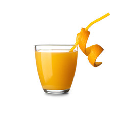 Glass of tasty orange juice on white background