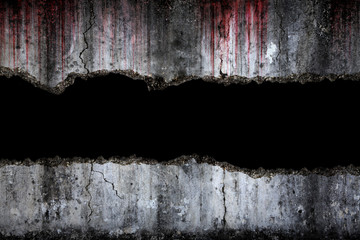 Bloody background scary on damaged grungy crack and broken concrete wall, concept of Halloween and...