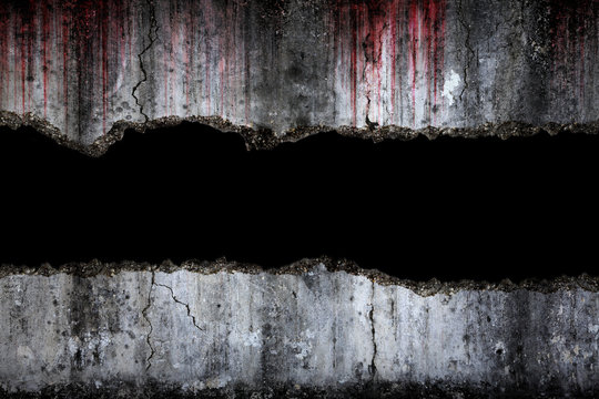 Bloody background scary on damaged grungy crack and broken concrete wall, concept of Halloween and horror