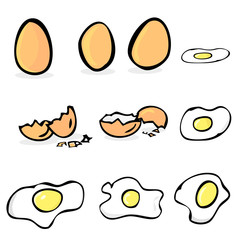 hand draw sketch set of raw and sunny side up chicken egg