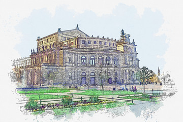 Watercolor sketch or illustration of a beautiful view of the Semper Opera House in Dresden in Germany