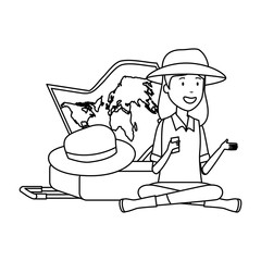 tourist woman with paper map and suitcase and hat