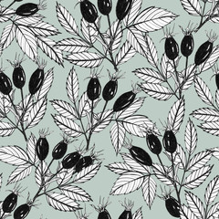 Hand drawn seamless pattern with dogrose branches