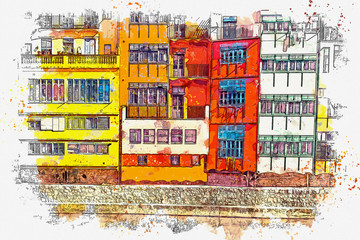 Watercolor sketch or an illustration of a beautiful view of the colorful houses in Girona in Italy. Traditional European architecture