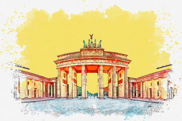 Watercolor sketch or illustration of a beautiful view of the Brandenburg Gate in Berlin in Germany © CaptainMCity
