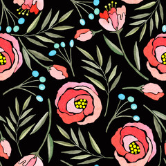 Seamless pattern with watercolor branches, flowers and berries