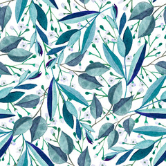 Seamless pattern with watercolor branches and flowers 