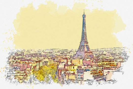 Watercolor sketch or illustration of a beautiful view of Paris in France. Cityscape or urban skyline