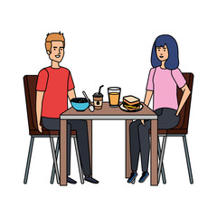 young couple eating in table characters