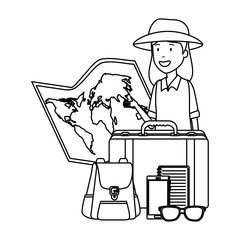 tourist woman with paper map and travel icons