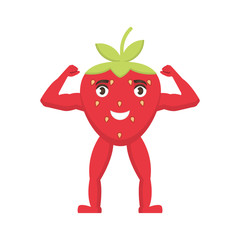 Strawberry Strong icon, fruit with a smile on his face, healthy food character in a cartoon style