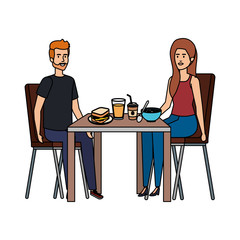 young couple eating in table characters