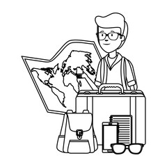tourist man with paper map and travel icons