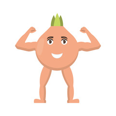 Onion Strong icon, vegetable with happy face, healthy food character in cartoon style