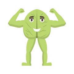Spinach leaf strong icon, vegetable with happy face, healthy food character in cartoon style