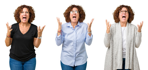 Collage of middle age senior woman over white isolated background crazy and mad shouting and yelling with aggressive expression and arms raised. Frustration concept.