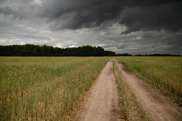 road in field stormy sky rain
