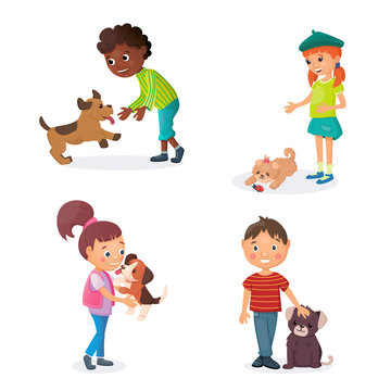 Kids are playing with puppies. Happy boys and girls have games with cute little dogs. Friendship concept. Vector cartoon illustration.