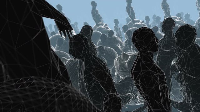 Geometric laser landscape with human figure. Seamless metal retro futuristic animation with shallow depth of field.