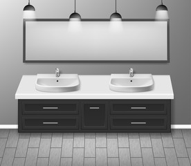 Modern realistic bathroom interior design. Bathroom furniture with bathroom sink and mirror grey wall with wooden floor. vector illustration