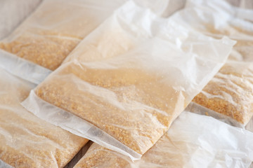 Wheat groats in packaging. Wheat groats in plastic packaging for cooking porridge. Fine grain in tsellovanovoy package for dispensing.