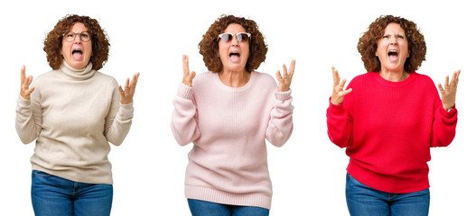 Collage of middle age senior woman wearing winter sweater over white isolated background crazy and mad shouting and yelling with aggressive expression and arms raised. Frustration concept.