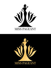 Black and gold Miss pageant logo sign with Beauty queen wear a crown and  flower backdrop vector design
