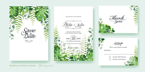 Greenery wedding Invitation, save the date, thank you, rsvp card Design template. Vector. Summer leaf, silver dollar eucalyptus, olive leaves, fern, Wax flower.