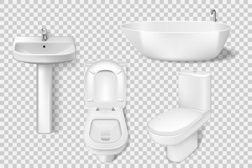 Realistic bathroom collection template. White clean toilet, bowl, sink, washroom basin. Mockup of toilet and sink for Modern bathroom interior. Vector Illustration