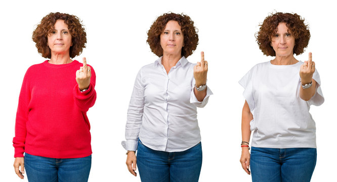 Collage of middle age senior woman over white isolated background Showing middle finger, impolite and rude fuck off expression