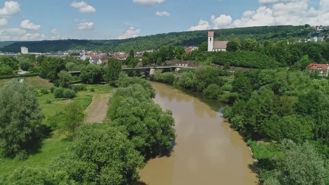 Germany - Drone flight over river Neckar and city Plochingen