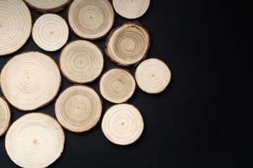 Pine tree cross-sections with annual rings on black background. Lumber piece close-up shot, top view.