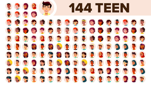 Teenager Avatar Set Vector. Girl, Guy. Multi Racial. Face Emotions. Multinational User People Portrait. Male, Female. Ethnic. Icon. Asian, African, European, Arab. Flat Illustration