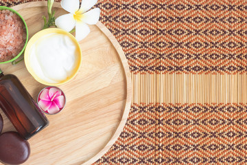 Spa treatment equipments,various body scrub and coconut oil.Wellness body care and aromatherapy concept.